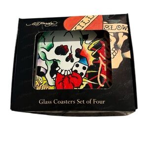 Ed Hardy Colorful Skull Glass Coasters Set